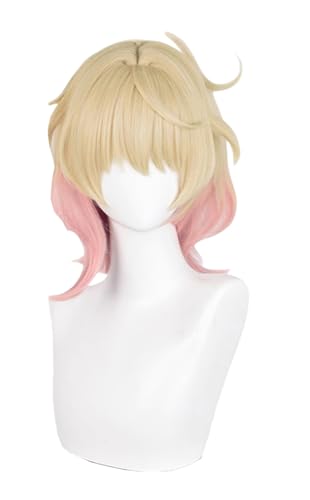 TO KU TOO YUO Wig for Game Hu Tao Wig Golden Mix Pink Wig Short Straight Wig with Bangs Heat Resistant Wig Role Play Halloween Wigs