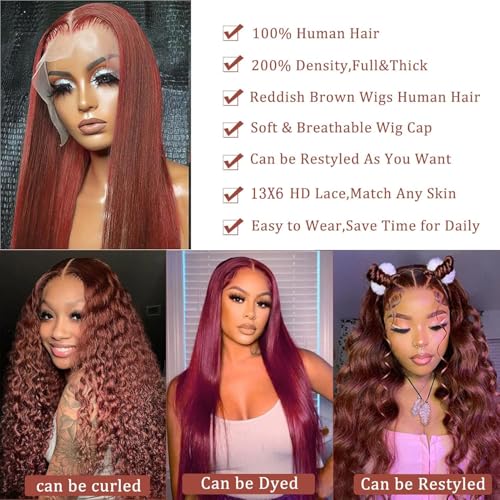 Afekisn Reddish Brown Lace Front Wigs Human Hair 22inch 13x6 HD Transparent Lace Straight Red Wig Human Hair Colored Reddish Brown Lace Frontal Wigs Human Hair 180% Density Pre Plucked With Baby Hair