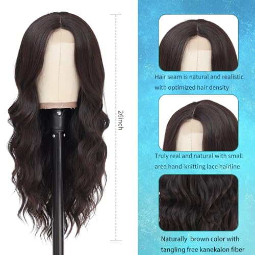 Long Brown Wig for Women 26Inch Wavy Curly Dark Brown Hair Wigs Synthetic Hair Replacement Wig Heat Resistant Hair Wig for Daily Party Use Halloween Costume Wig(26'' Dark Brown)