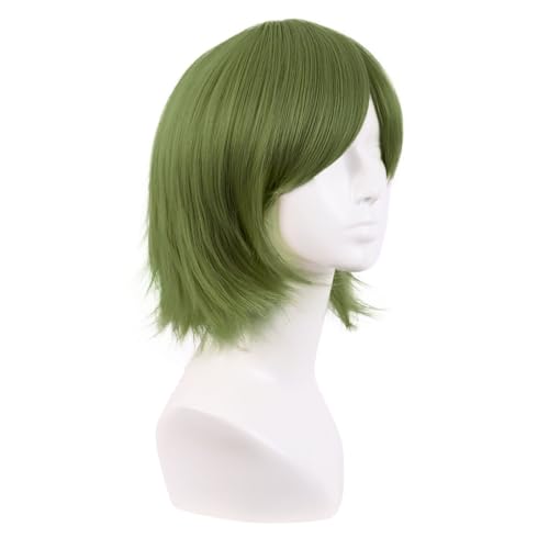 MapofBeauty 12 Inch/30 cm Men Women Short Straight Side Bangs Cosplay Costume Wig (Olive Green)