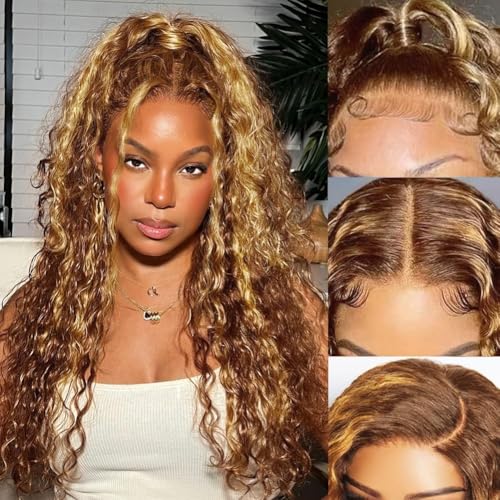 Ombre Curly Lace Front Wig Human Hair 26 Inch Glueless Wigs Human Hair Pre Plucked Honey Blonde Wig Human Hair 5/27 Highlight Deep Wave Wig 13x4 Blonde Curly Wig Human Hair Wigs for Black Women