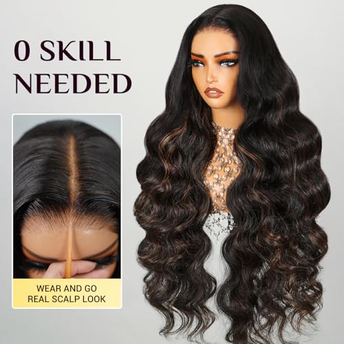 TESLAL P1B/30 Highlight Wear and Go Glueless Pre Cut Lace Body Wave 6X6 HD T Part Lace Closure Wig Premium Fiber Hair and Human Hair Blend Wig Natural Hairline 260% Density 28 Inch