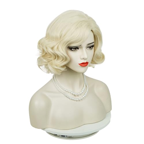 Wiggy Mermaid Platinum Blonde Wig and Pearl Necklace Earrings Accessories, Short Light Blonde Old Lady Wig + Wig Cap for Halloween Costume Cosplay