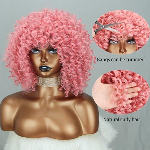 Xinran Pink Curly Afro Wig for Women，70’s Kinky Big Curly Wig With Bangs Short Loose Curly Wigs，Natural Looking for Daily Cosplay 14 inch