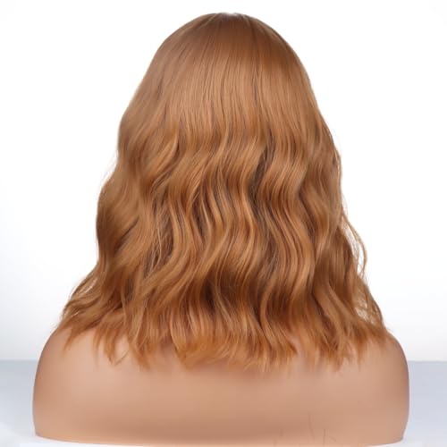WTHCOS Strawberry Blonde Wig Short Bob Wig Short Curly Wavy Wig With Bangs for Women Girls Blonde Wig Heat Resistant Synthetic Hair Wigs for Daily Use Cosplay Wig With Wig Cap