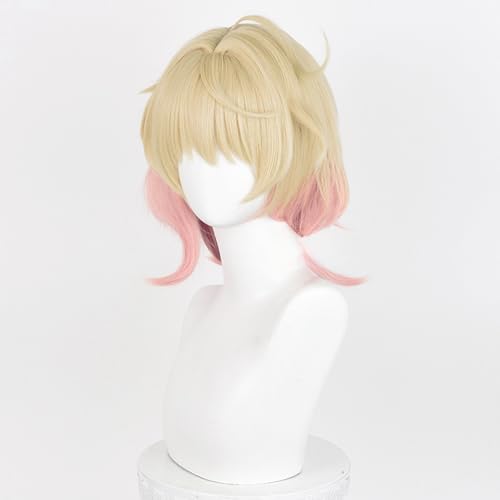 TO KU TOO YUO Wig for Game Hu Tao Wig Golden Mix Pink Wig Short Straight Wig with Bangs Heat Resistant Wig Role Play Halloween Wigs