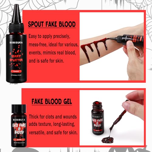 BOBISUKA Halloween Vampire Teeth Fake Blood Makeup Kit, Special Effects SFX Makeup Set 3 Pairs Vampire Fangs + 2Pcs Realistic Washable Fake Blood for Halloween, Vampire, Cosplay, Costume Party