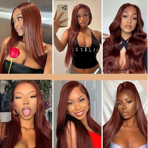 Afekisn Reddish Brown Lace Front Wigs Human Hair 22inch 13x6 HD Transparent Lace Straight Red Wig Human Hair Colored Reddish Brown Lace Frontal Wigs Human Hair 180% Density Pre Plucked With Baby Hair