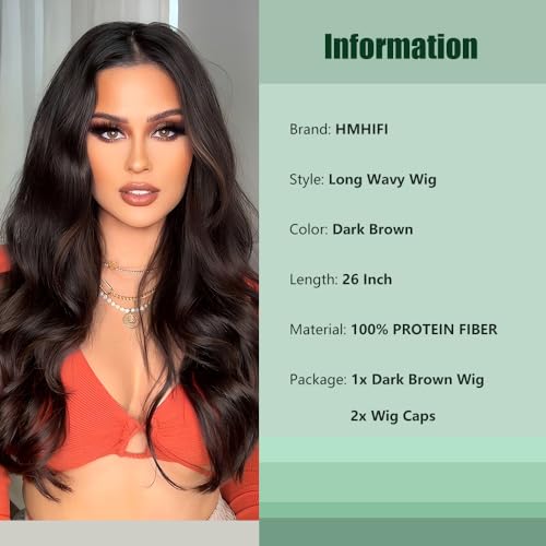 Long Brown Wig for Women 26Inch Wavy Curly Dark Brown Hair Wigs Synthetic Hair Replacement Wig Heat Resistant Hair Wig for Daily Party Use Halloween Costume Wig(26'' Dark Brown)
