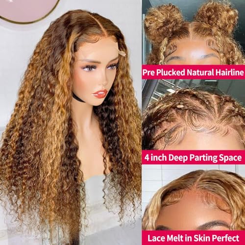 Ombre Curly Lace Front Wig Human Hair 26 Inch Glueless Wigs Human Hair Pre Plucked Honey Blonde Wig Human Hair 5/27 Highlight Deep Wave Wig 13x4 Blonde Curly Wig Human Hair Wigs for Black Women