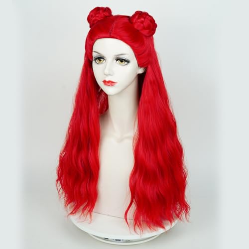 Long Red Curly Wig Red Wave Wig with Bun + Wig Cap Women's Synthetic Fiber Hair Wigs for Halloween Party