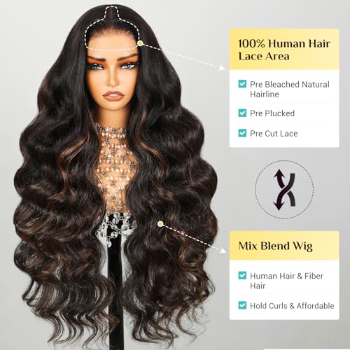 TESLAL P1B/30 Highlight Wear and Go Glueless Pre Cut Lace Body Wave 6X6 HD T Part Lace Closure Wig Premium Fiber Hair and Human Hair Blend Wig Natural Hairline 260% Density 28 Inch