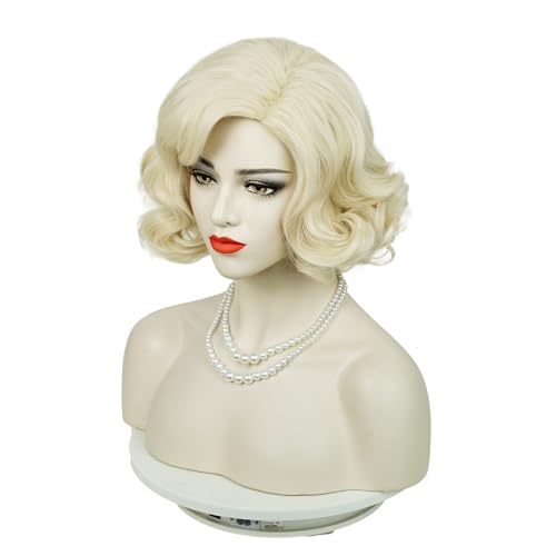 Wiggy Mermaid Platinum Blonde Wig and Pearl Necklace Earrings Accessories, Short Light Blonde Old Lady Wig + Wig Cap for Halloween Costume Cosplay