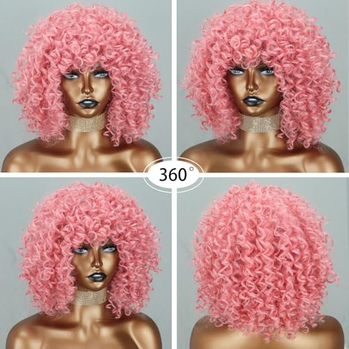Xinran Pink Curly Afro Wig for Women，70’s Kinky Big Curly Wig With Bangs Short Loose Curly Wigs，Natural Looking for Daily Cosplay 14 inch