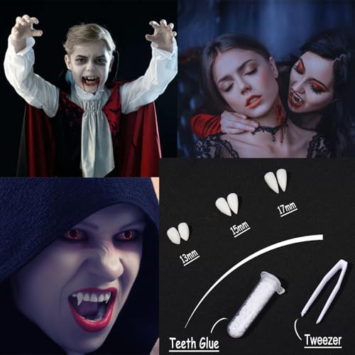 BOBISUKA Halloween Vampire Teeth Fake Blood Makeup Kit, Special Effects SFX Makeup Set 3 Pairs Vampire Fangs + 2Pcs Realistic Washable Fake Blood for Halloween, Vampire, Cosplay, Costume Party
