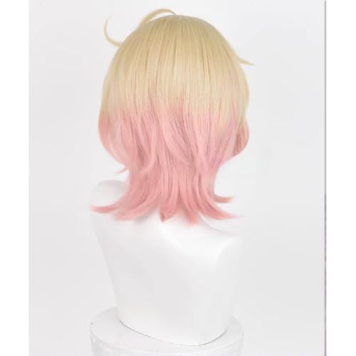 TO KU TOO YUO Wig for Game Hu Tao Wig Golden Mix Pink Wig Short Straight Wig with Bangs Heat Resistant Wig Role Play Halloween Wigs