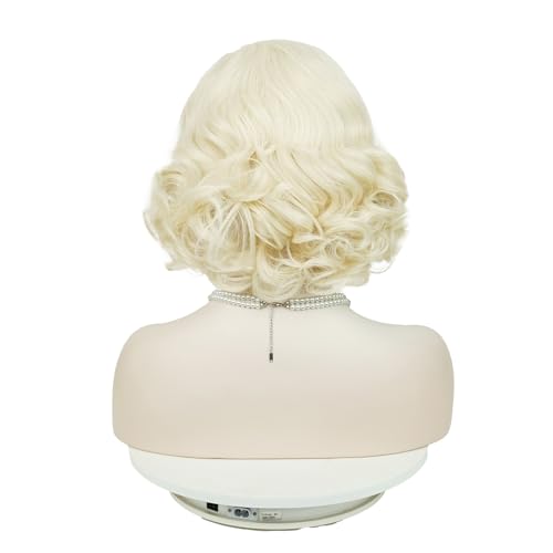 Wiggy Mermaid Platinum Blonde Wig and Pearl Necklace Earrings Accessories, Short Light Blonde Old Lady Wig + Wig Cap for Halloween Costume Cosplay