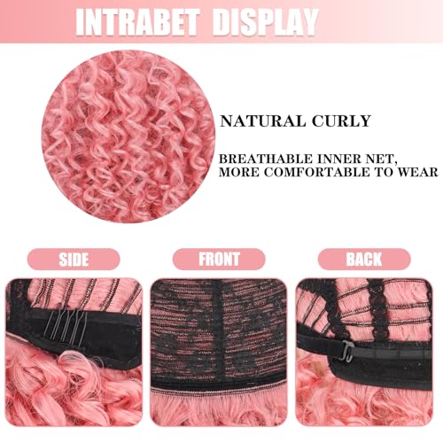 Xinran Pink Curly Afro Wig for Women，70’s Kinky Big Curly Wig With Bangs Short Loose Curly Wigs，Natural Looking for Daily Cosplay 14 inch