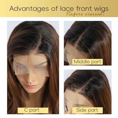 LLEI'Z Short Wavy Dark Brown With Roots Lace Front Wigs, 13x4 Synthetic Transparent Lace Front Wave Wigs Pre Plucked with Baby Hair 150% Density Heat Resistant Party Date Daily Wear Wig 22 Inch