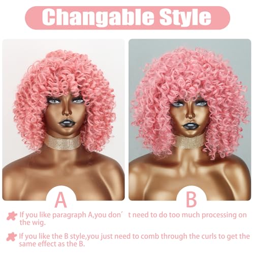 Xinran Pink Curly Afro Wig for Women，70’s Kinky Big Curly Wig With Bangs Short Loose Curly Wigs，Natural Looking for Daily Cosplay 14 inch