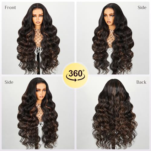 TESLAL P1B/30 Highlight Wear and Go Glueless Pre Cut Lace Body Wave 6X6 HD T Part Lace Closure Wig Premium Fiber Hair and Human Hair Blend Wig Natural Hairline 260% Density 28 Inch