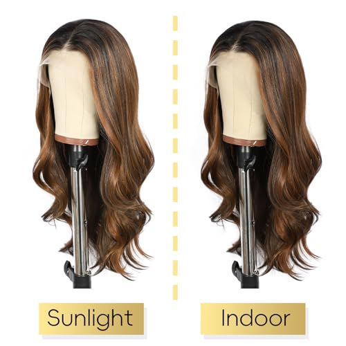 LLEI'Z Short Wavy Dark Brown With Roots Lace Front Wigs, 13x4 Synthetic Transparent Lace Front Wave Wigs Pre Plucked with Baby Hair 150% Density Heat Resistant Party Date Daily Wear Wig 22 Inch