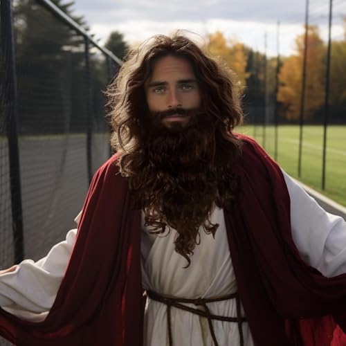 GNIMEGIL Halloween Costume Wigs for Men Long Fluffy Jesus Beard and Wig Christmas Fake Beard Mustache Wigs Elderly Anime Hagrid Cosplay and Theme Parties Forrest Gump Costume