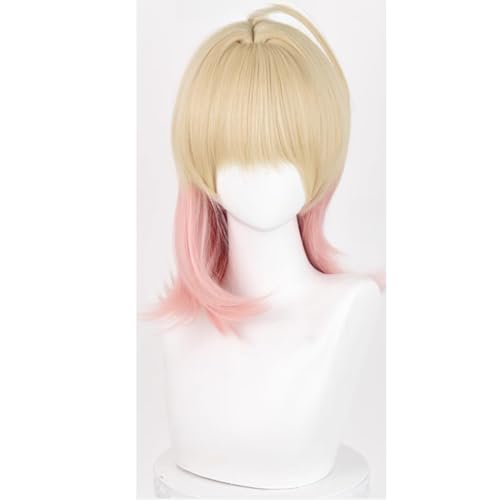 TO KU TOO YUO Wig for Game Hu Tao Wig Golden Mix Pink Wig Short Straight Wig with Bangs Heat Resistant Wig Role Play Halloween Wigs