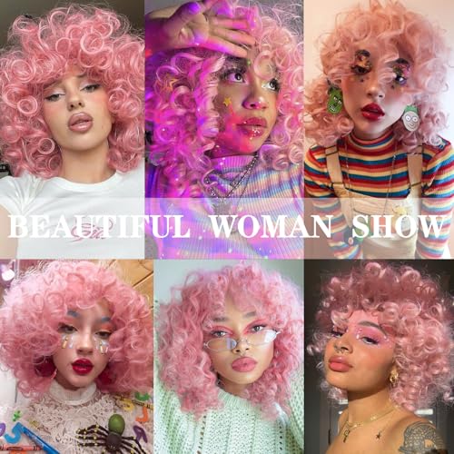 Xinran Pink Curly Afro Wig for Women，70’s Kinky Big Curly Wig With Bangs Short Loose Curly Wigs，Natural Looking for Daily Cosplay 14 inch
