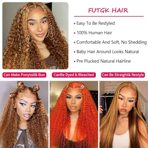 Ombre Curly Lace Front Wig Human Hair 26 Inch Glueless Wigs Human Hair Pre Plucked Honey Blonde Wig Human Hair 5/27 Highlight Deep Wave Wig 13x4 Blonde Curly Wig Human Hair Wigs for Black Women
