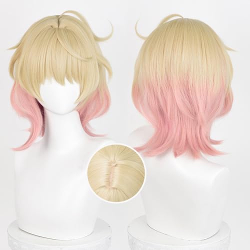 TO KU TOO YUO Wig for Game Hu Tao Wig Golden Mix Pink Wig Short Straight Wig with Bangs Heat Resistant Wig Role Play Halloween Wigs