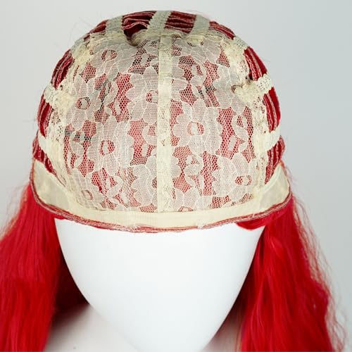 Long Red Curly Wig Red Wave Wig with Bun + Wig Cap Women's Synthetic Fiber Hair Wigs for Halloween Party