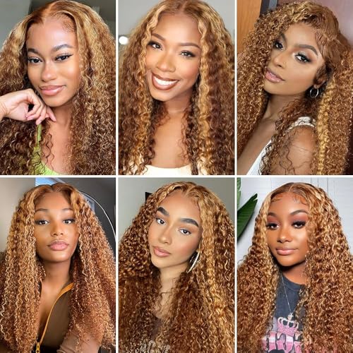 Ombre Curly Lace Front Wig Human Hair 26 Inch Glueless Wigs Human Hair Pre Plucked Honey Blonde Wig Human Hair 5/27 Highlight Deep Wave Wig 13x4 Blonde Curly Wig Human Hair Wigs for Black Women