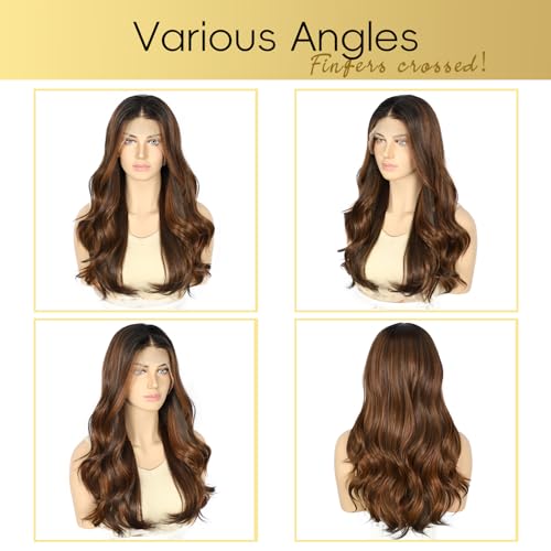 LLEI'Z Short Wavy Dark Brown With Roots Lace Front Wigs, 13x4 Synthetic Transparent Lace Front Wave Wigs Pre Plucked with Baby Hair 150% Density Heat Resistant Party Date Daily Wear Wig 22 Inch