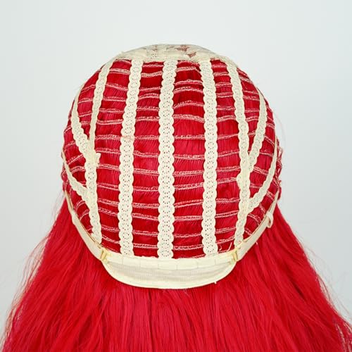 Long Red Curly Wig Red Wave Wig with Bun + Wig Cap Women's Synthetic Fiber Hair Wigs for Halloween Party