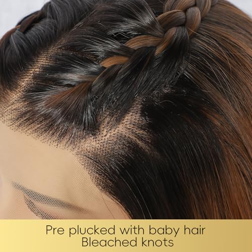 LLEI'Z Short Wavy Dark Brown With Roots Lace Front Wigs, 13x4 Synthetic Transparent Lace Front Wave Wigs Pre Plucked with Baby Hair 150% Density Heat Resistant Party Date Daily Wear Wig 22 Inch