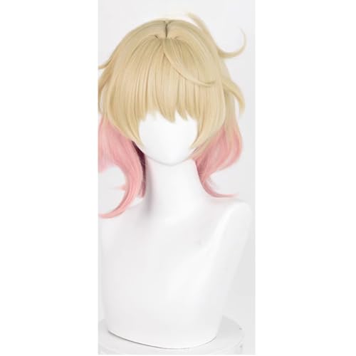 TO KU TOO YUO Wig for Game Hu Tao Wig Golden Mix Pink Wig Short Straight Wig with Bangs Heat Resistant Wig Role Play Halloween Wigs