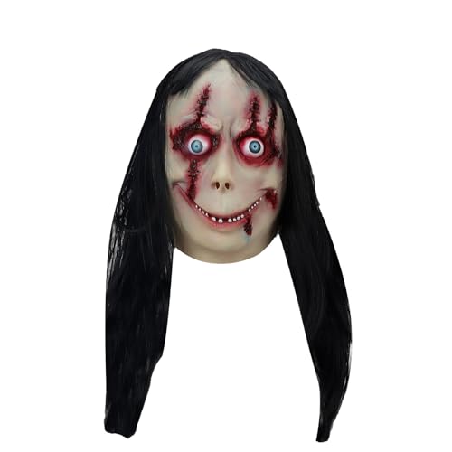 Halloween Mask Scary with Hair Momo Mask Creepy Halloween Cosplay Mask for Cosplay Themed Party Horror Challenge Games (B)