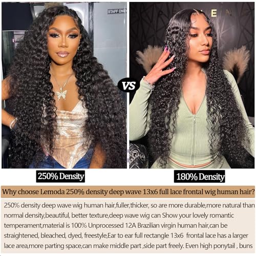 Lemoda 13x6 Full Lace Frontal Wigs 250 density Deep Wave Wig Human Hair 13x6 Deep Wave Lace Front Wigs Human Hair for Black Women HD Transparent Lace Frontal Wigs Human Hair Curly Wigs 22 INCH