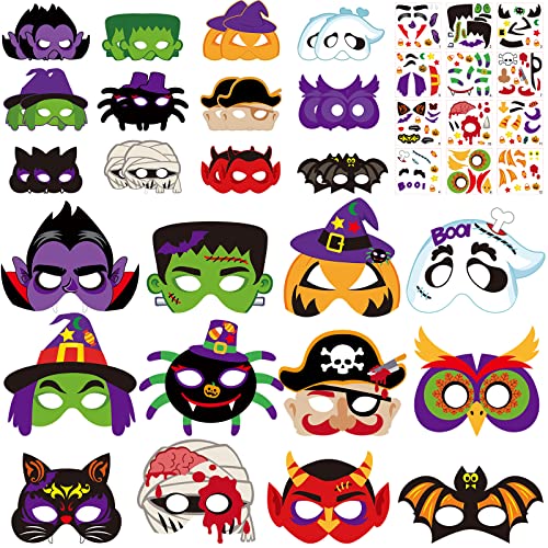 Capoda Halloween Masks for Kids Halloween Mask Craft Pumpkin Witch Bat Pirate DIY Paper Mask for Halloween Party Activities (48 Pcs)