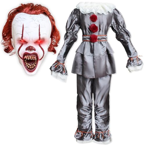 LOKI Helmet Scary Clown Costume with LED Glowing Mask for Kids Boys Girls Horror Creepy Killer Evil Clown Costume Halloween Clown Cosplay Outfit