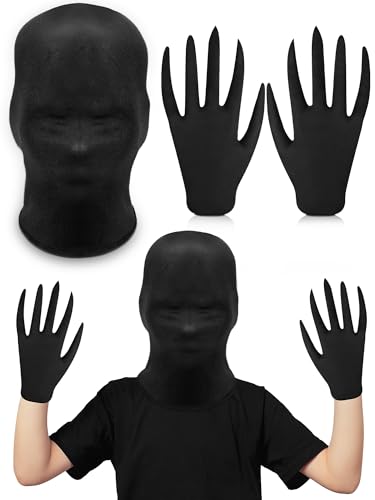 Sintege 2 Pcs Halloween Black Full Face Mask and Pointed Fingertip Gloves Horror Black Costume Set Unisex Faceless Mask (Kid Size)
