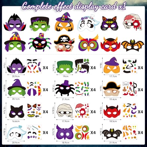 Capoda Halloween Masks for Kids Halloween Mask Craft Pumpkin Witch Bat Pirate DIY Paper Mask for Halloween Party Activities (48 Pcs)