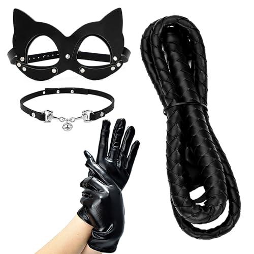 Veerady Women Half Face Cat Mask Costume Accessories Halloween Masquerade Props (Black 4-piece set)