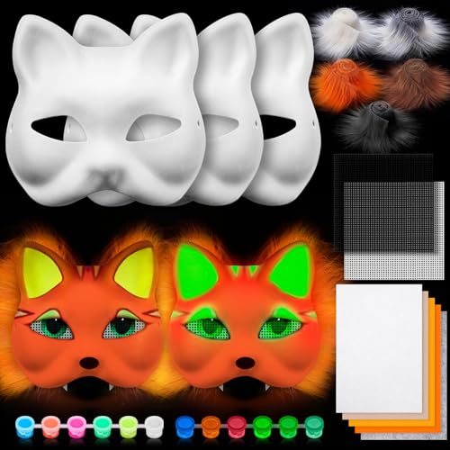 Seenelling 13 Pcs DIY Glow in the Dark Therian Mask Set Cat Fox Mask Halloween Mask Therian Stuff Gear for Masquerade Cosplay (Stylish Color)