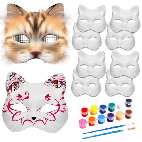 NOVEMBER SPRING 10pcs Cat Mask Therian Mask with Strap White Cat Masks to Paint DIY Halloween Mask Animal Half Facemasks Paper Blank Masks for Crafts Masquerade Cosplay Party