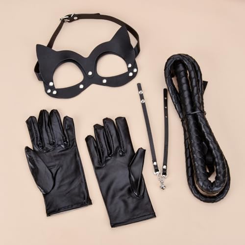 Veerady Women Half Face Cat Mask Costume Accessories Halloween Masquerade Props (Black 4-piece set)