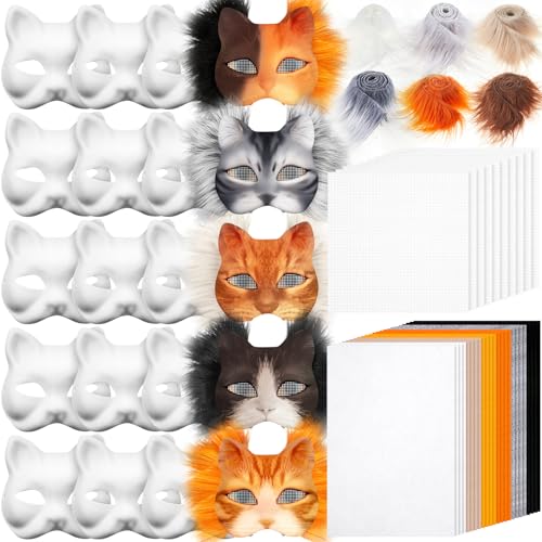 Seenelling DIY Therian Mask Kit Blank Cat Mask with Felt Fabric Sheet Plush Faux Fur Eye Mesh for Therian Gear Therian Stuff (60, Assorted Color)
