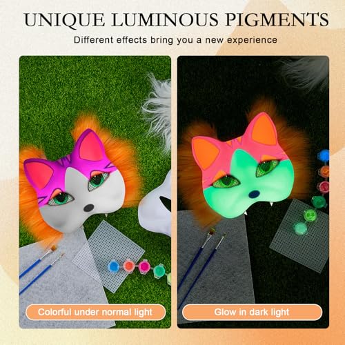 Seenelling 13 Pcs DIY Glow in the Dark Therian Mask Set Cat Fox Mask Halloween Mask Therian Stuff Gear for Masquerade Cosplay (Stylish Color)