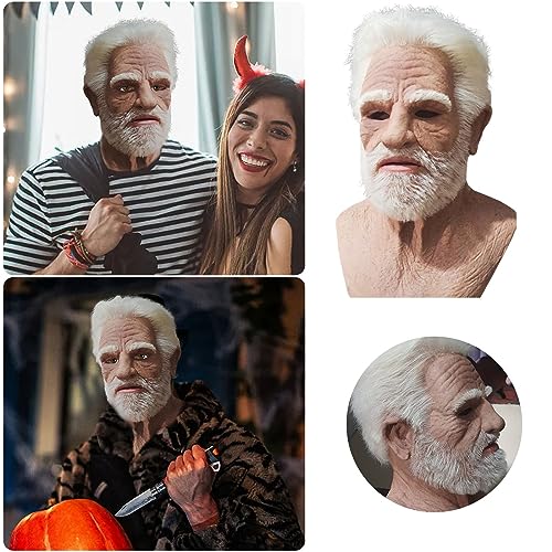Halloween Face Old Grandpa Shaped Mask, Realistic Latex Human Wrinkle Face Mask Old Man Mask for Party Carnival Head Cover